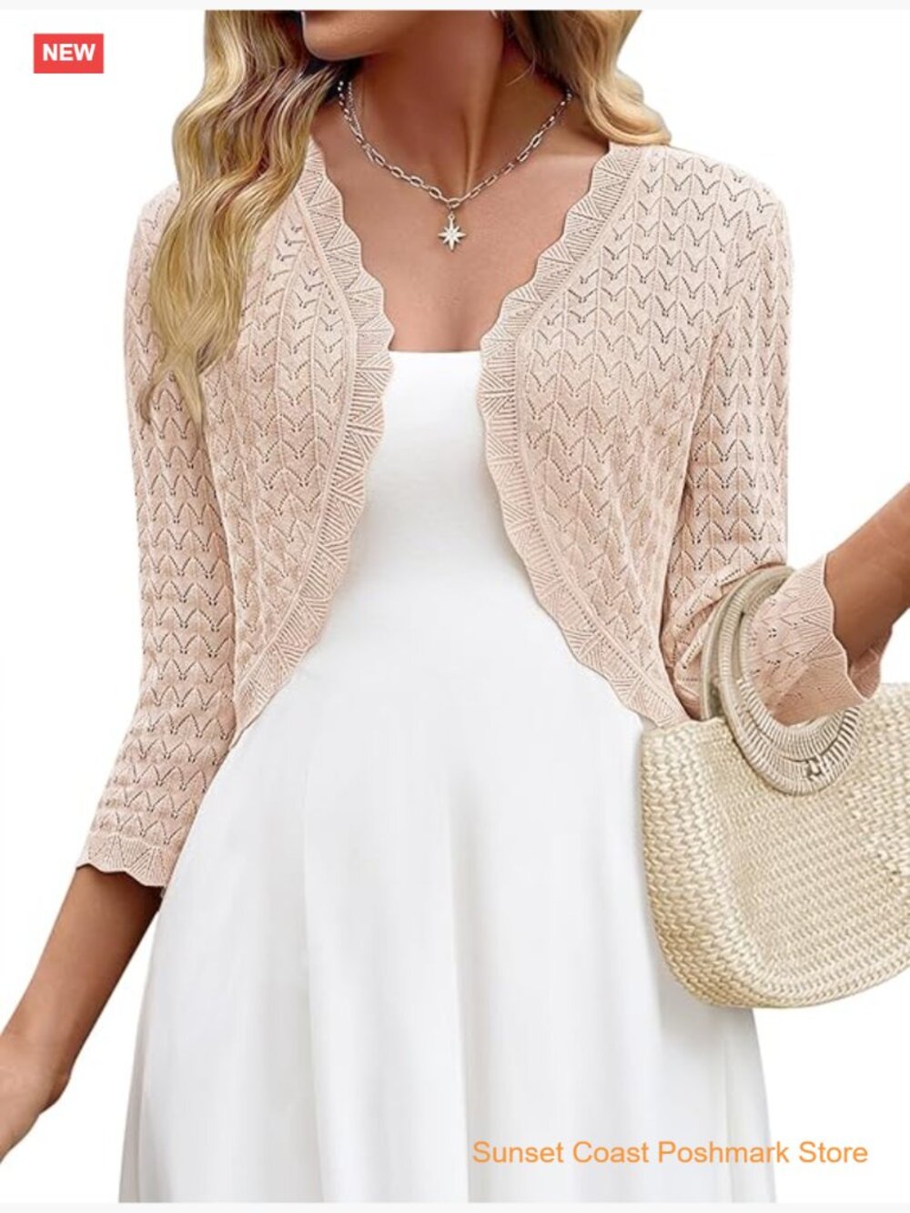 Crochet Cropped Cardigan 3/4 Sleeve Lightweight Viscose Shrug for Dress
